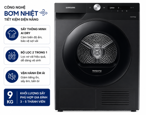 Máy sấy bơm nhiệt Samsung Inverter 9 Kg DV90T7240BB/SV