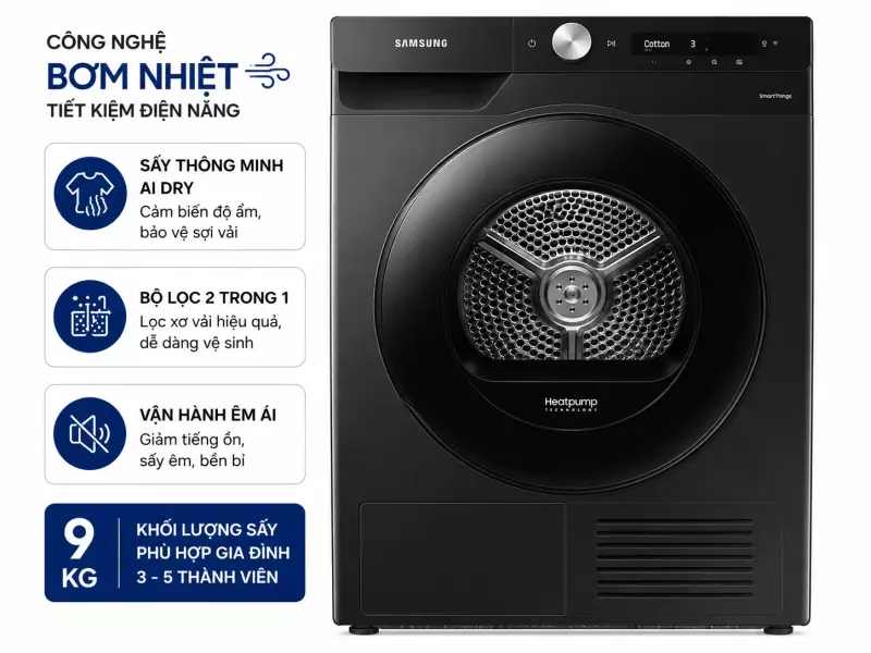 Máy sấy bơm nhiệt Samsung Inverter 9 Kg DV90T7240BB/SV