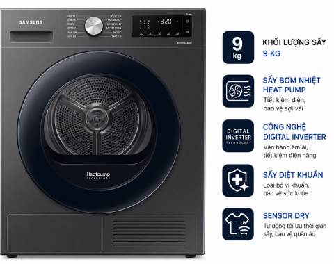 Máy sấy bơm nhiệt Samsung 9 Kg DV90TA240AE/SV