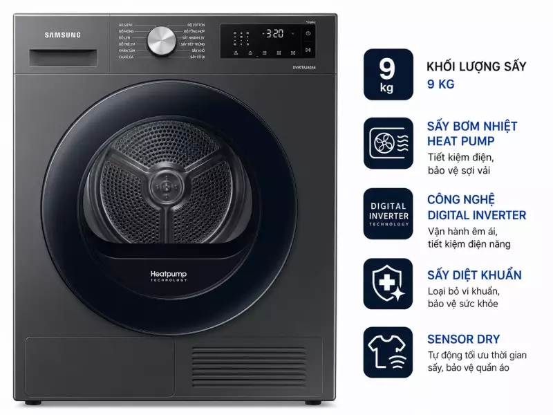 Máy sấy bơm nhiệt Samsung 9 Kg DV90TA240AE/SV