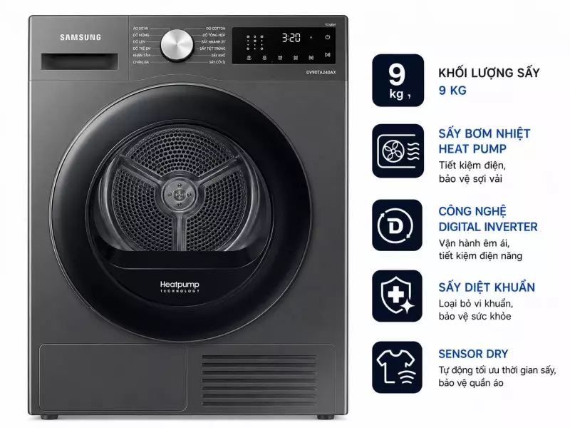 Máy sấy bơm nhiệt Samsung 9kg DV90TA240AX/SV