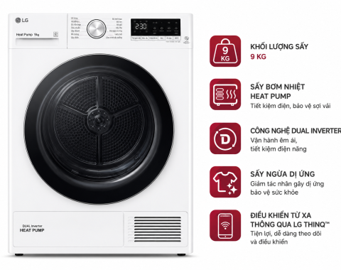 Máy sấy bơm nhiệt LG 9 Kg DVHP09W
