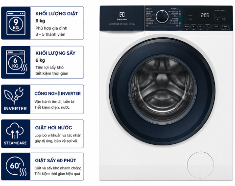 Máy giặt sấy Electrolux UltimateCare 300 Inverter giặt 9 kg - sấy 6 kg EWW9024P3WC