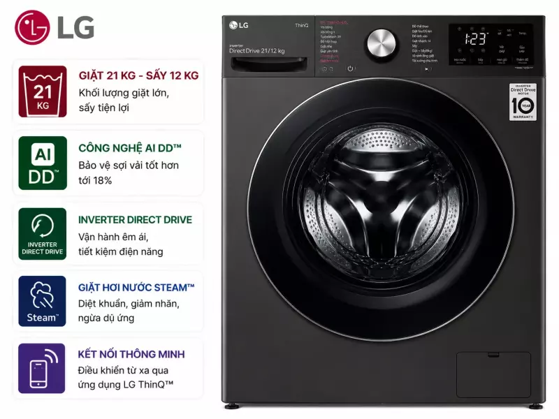 Máy giặt sấy LG Inverter 21 kg F2721HVRB