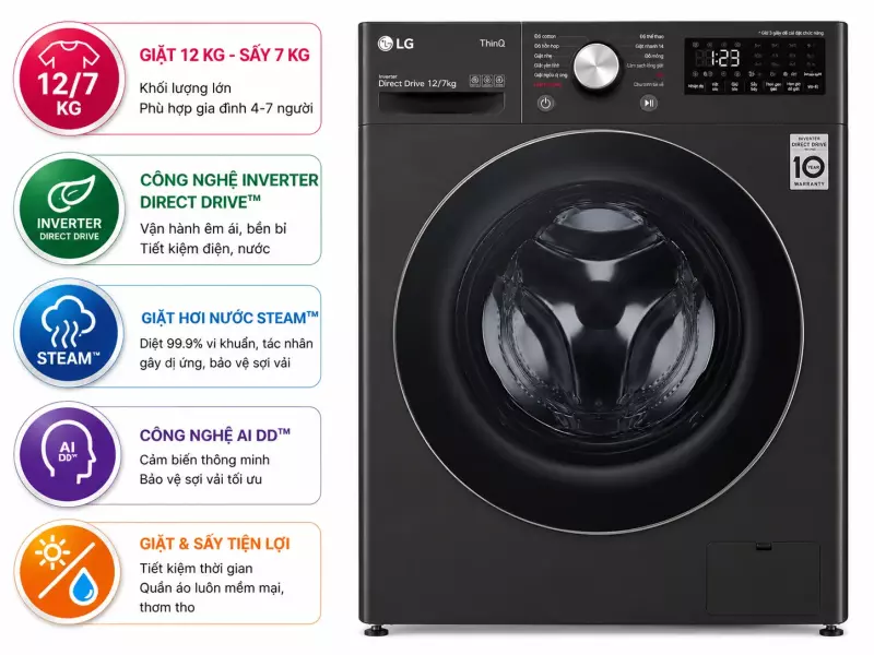 Máy giặt sấy LG Inverter giặt 12 kg - sấy 7 kg FV1412H3BA