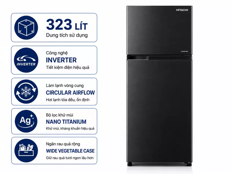 Tủ lạnh Hitachi Inverter 323 lít HRBN6340DGBKVN