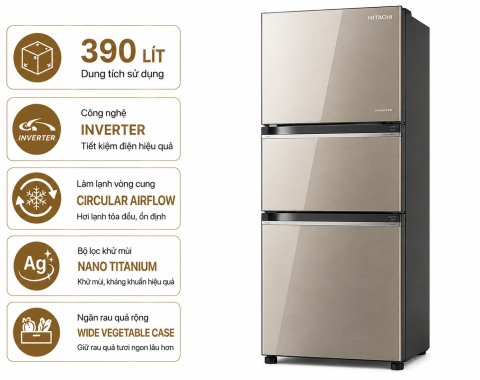 Tủ lạnh Hitachi Inverter 390 lít R-FVY510PGV0 GMG