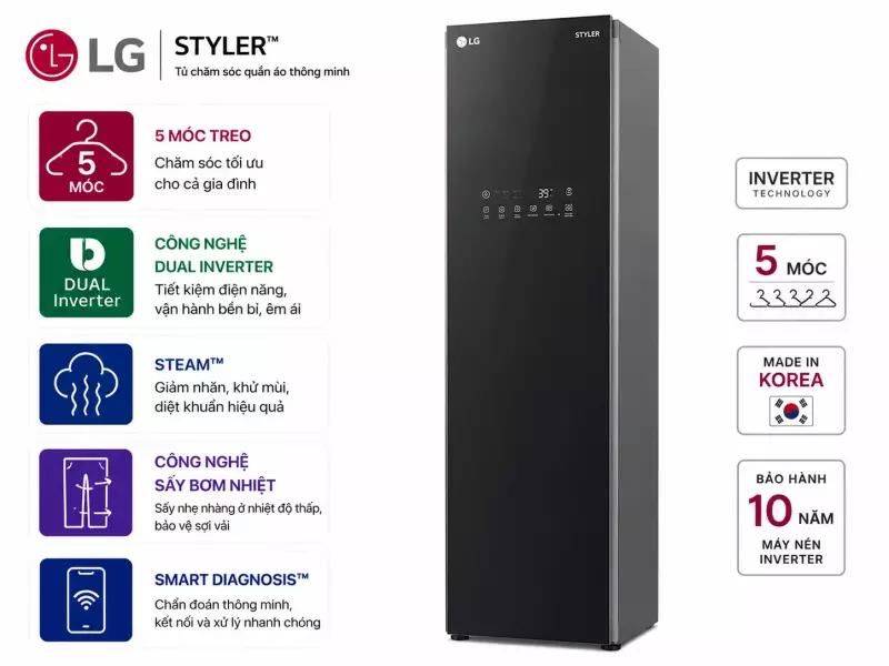 Tủ chăm sóc quần áo thông minh LG Styler Inverter 5 móc S5BOC