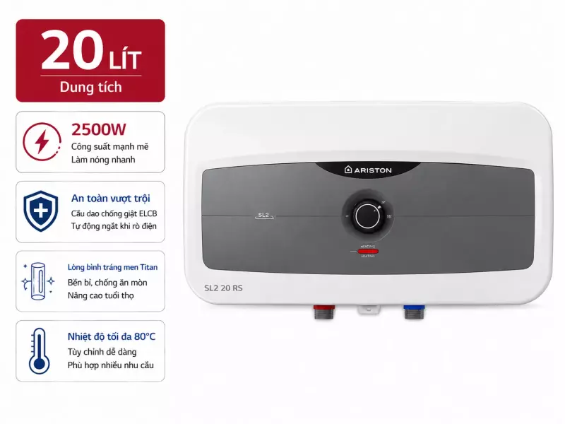 Bình nóng lạnh gián tiếp Ariston 20 lít 2500W SL2 20 RS 2.5 FE