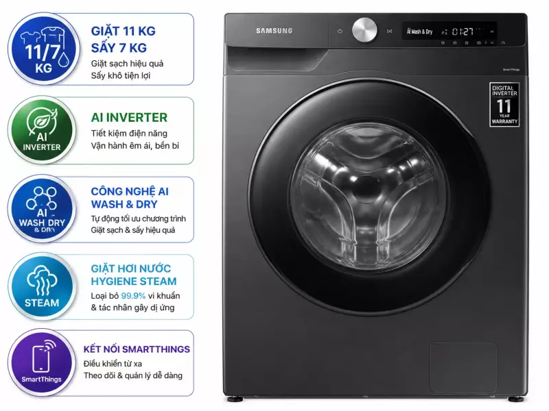 Máy giặt sấy Samsung AI Inverter 11kg WD11T734DBX/SV