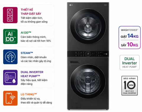 Tháp giặt sấy LG WashTower Inverter giặt 14 kg - sấy 10 kg WT1410NHE