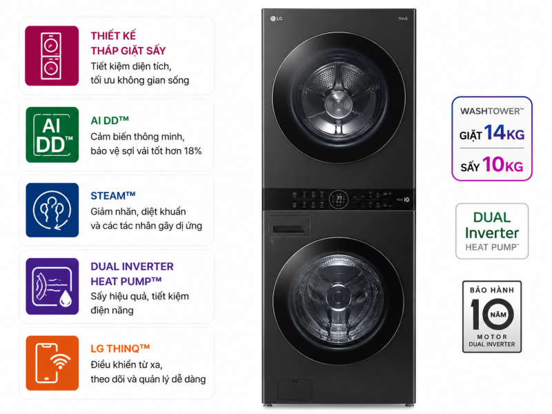 Tháp giặt sấy LG WashTower Inverter giặt 14 kg - sấy 10 kg WT1410NHE