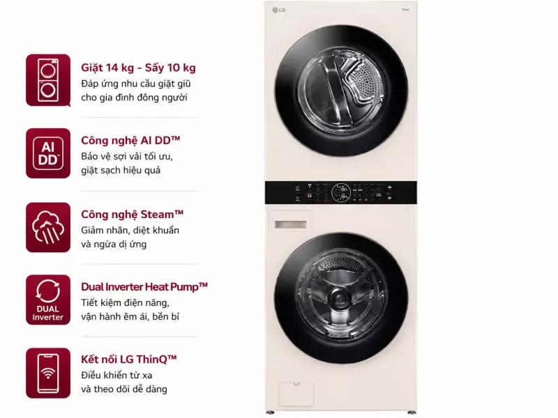 Tháp giặt sấy LG WashTower Inverter giặt 14 kg - sấy 10 kg WT1410NHE