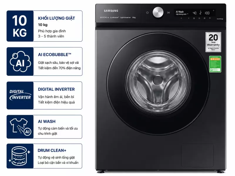 Máy giặt Samsung Bespoke AI EcoBubble Inverter 10 kg WW10DB7U34GBSV