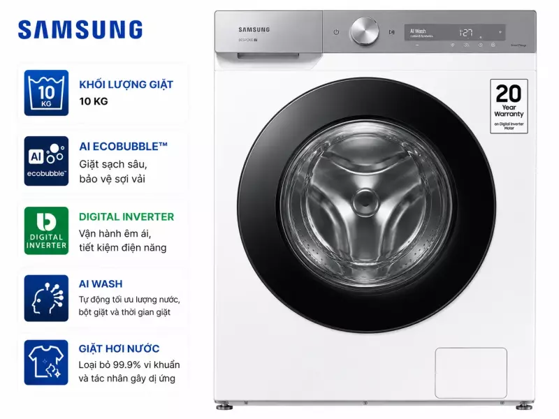 Máy giặt Samsung Bespoke AI EcoBubble Inverter 10 kg WW10DB7U34GWSV