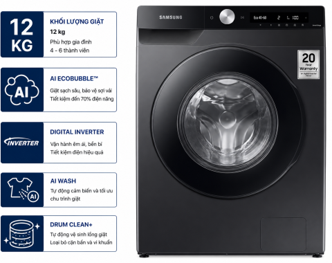 Máy giặt Samsung AI EcoBubble Inverter 12 kg WW12CG604DLBSV