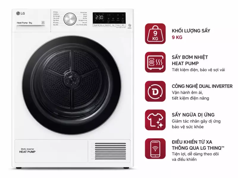 Máy sấy bơm nhiệt LG 9 Kg DVHP09W