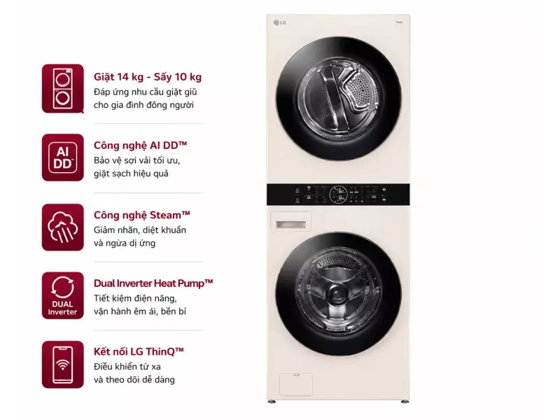 Tháp giặt sấy LG WashTower Inverter giặt 14 kg - sấy 10 kg WT1410NHE