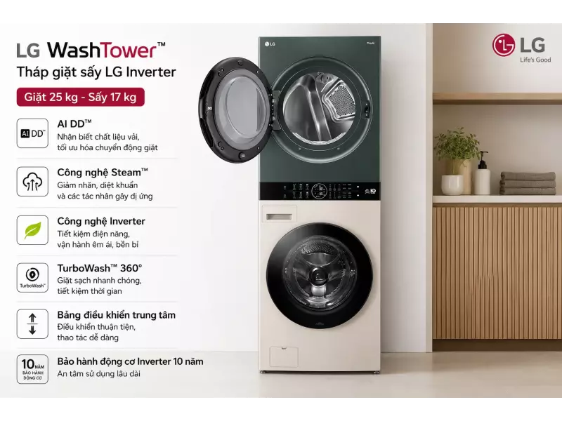Tháp giặt sấy LG Inverter giặt 25 kg - sấy 17 kg WT2517NHEG