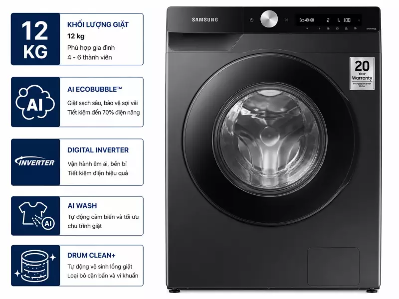 Máy giặt Samsung AI EcoBubble Inverter 12 kg WW12CG604DLBSV